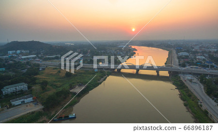 aerial view sunset above Chao Phraya river aerial view sunset above Chao Phraya river 66896187