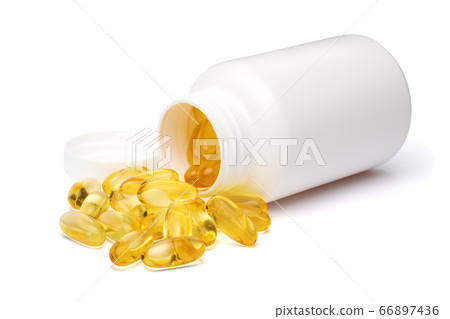 white plastic medicine vial can jar with capsiles isolated on white background 66897436
