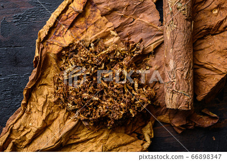 Close-up of cigar and pile of tobacco and dried Close-up of cigar and pile of tobacco and dried 66898347