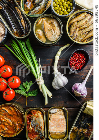 Canned preserves food in cans with fresh organic Canned preserves food in cans with fresh organic 66898349