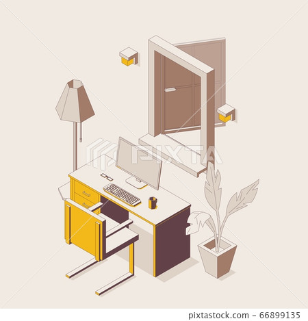 Isometric outline full color office workplace with Isometric outline full color office workplace with 66899135