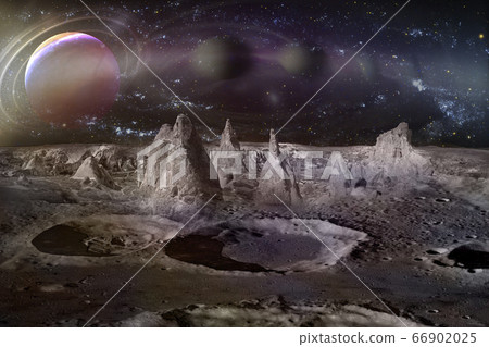 Alien planet landscape with craters, mountains and moons. 66902025