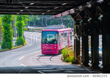 Tokyo cityscape in Japan, overlooking the Tokyo Sakura Tram (Toden Arakawa Line) from Oji Station 66902335