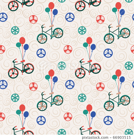 Vector Bicycle weekend illustration, seamless pattern, with balloons, flowers, wheels, pastel and colours 66903515