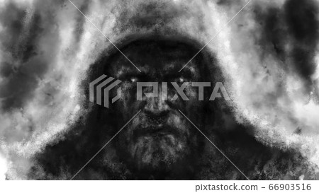 The frightening face of a man in hood. 66903516