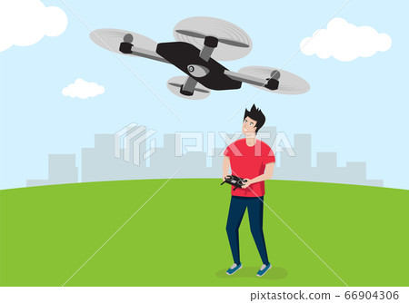 A young man in a red T-shirt controls a A young man in a red T-shirt controls a 66904306