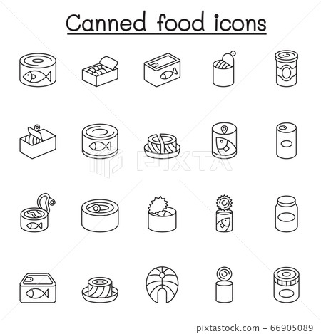 Canned food & Preserved food icons set in thin - Stock Illustration ...