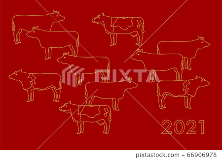 New Year's card: 2021 ox year cow herd illustration red background New Year's card: 2021 ox year cow herd illustration red background 66906978