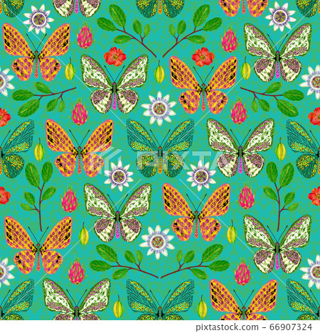 Tropical seamless pattern with butterflies, exotic - Stock Illustration ...