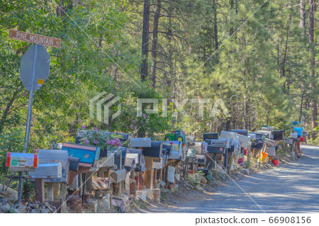 A long row of mailboxes in Prescott National Forest, Yavapai County, Arizona, United States 66908156