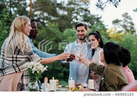 Young joyful friends of various ethnicities cheering up with glasses of wine Young joyful friends of various ethnicities cheering up with glasses of wine 66908183