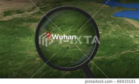Loupe finds Wuhan city on the map, 3d rendering Loupe finds Wuhan city on the map, 3d rendering 66910181