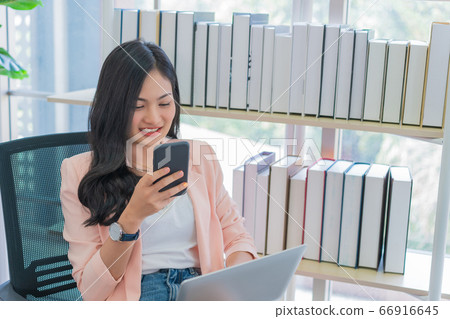 business woman work from home working on tablet computer, Lifestyle woman work at home business woman work from home working on tablet computer, Lifestyle woman work at home 66916645