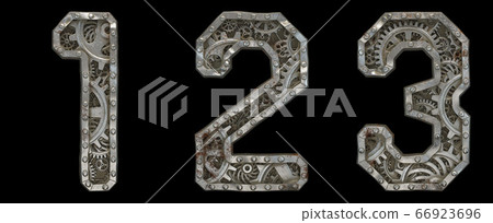 Mechanical alphabet made from rivet metal with gears on black background. Set of numbers 1, 2, 3. 3D Mechanical alphabet made from rivet metal with gears on black background. Set of numbers 1, 2, 3. 3D 66923696