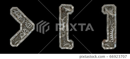 Mechanical alphabet made from rivet metal with gears on black background. Set of symbols left and right square bracket, right angle bracket. 3D Mechanical alphabet made from rivet metal with gears on black background. Set of symbols left and right square bracket, right angle bracket. 3D 66923707