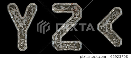 Mechanical alphabet made from rivet metal with gears on black background. Set of letters Y, Z and symbol left angle bracket. 3D Mechanical alphabet made from rivet metal with gears on black background. Set of letters Y, Z and symbol left angle bracket. 3D 66923708