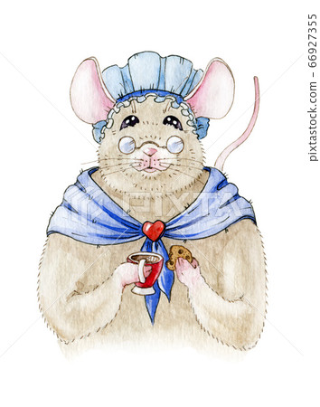 Funny mouse in a blue cap and cup watercolor image 66927355