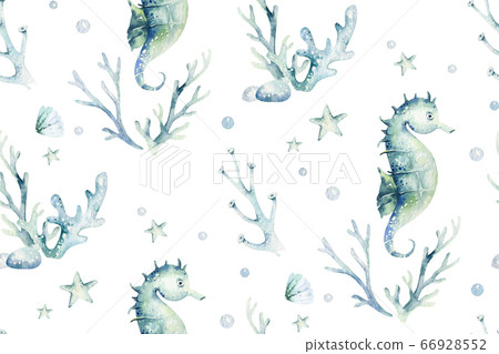 Sea animals blue watercolor ocean seamless pettern fish, turtle, whale and coral. Shell aquarium background. Nautical starfish marine illustration 66928552