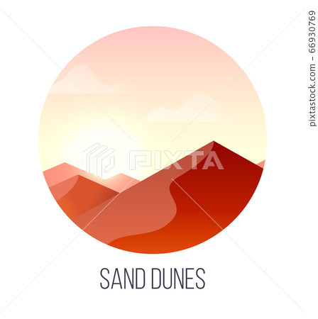 Flat vector illustration of sand dunes in sunset or sunrise. A desert landscape in the circle. Desert travel destination 66930769