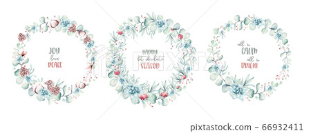 watercolor holiday christmas wreath. Winter decoration wreathselement. Merry christmas design. Pine tree branch, frame, berries. New year invitation decorative design watercolor holiday christmas wreath. Winter decoration wreathselement. Merry christmas design. Pine tree branch, frame, berries. New year invitation decorative design 66932411
