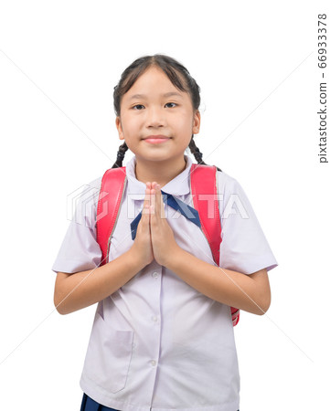 asian child in school uniform and backpack with 66933378