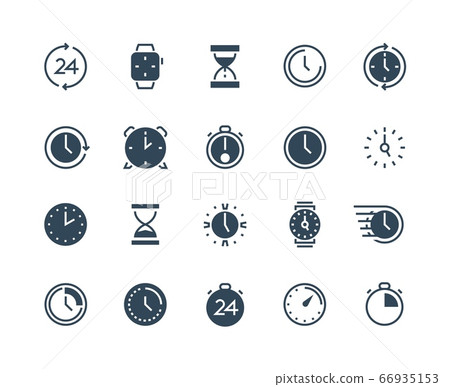 Clock black icons. Time and calendar infographic symbols with stopwatch alarm wristwatch and hourglass. Vector time management set 66935153