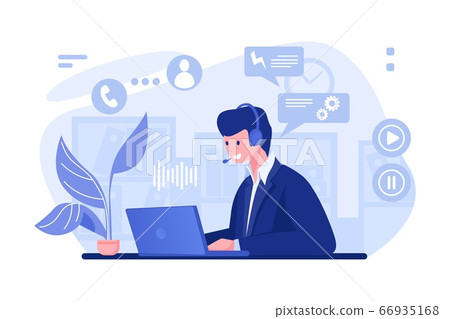 Call center operator. Cartoon character with headset at the desk working in office, customer support and info center concept. Vector call center