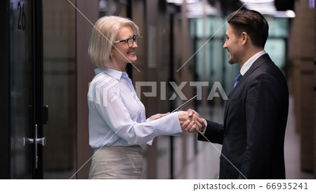 Older businesswoman and businessman shaking hands standing in office corridor 66935241