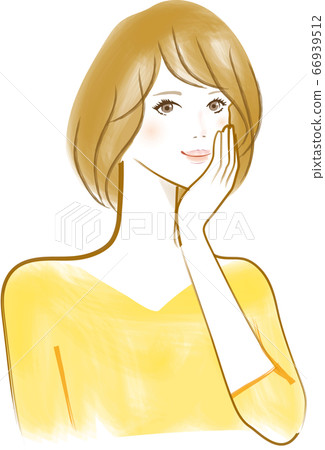 A woman smiling with a hand on her cheek A woman smiling with a hand on her cheek 66939512