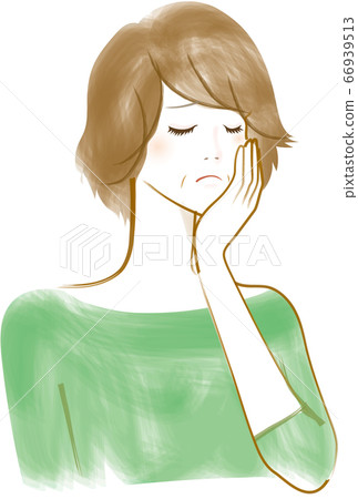 Middle-aged woman with troubled face with hands on cheeks Middle-aged woman with troubled face with hands on cheeks 66939513