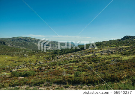 Hilly landscape covered by green fields and rocks Hilly landscape covered by green fields and rocks 66940287