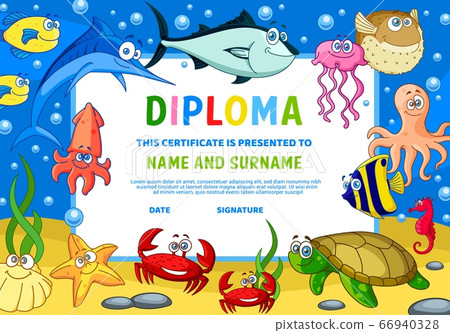 Kids diploma certificate with underwater animals Kids diploma certificate with underwater animals 66940328