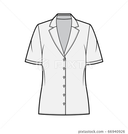 Pajama style blouse technical fashion illustration with retro camp collar, short sleeves, loose fit body. Pajama style blouse technical fashion illustration with retro camp collar, short sleeves, loose fit body. 66940926