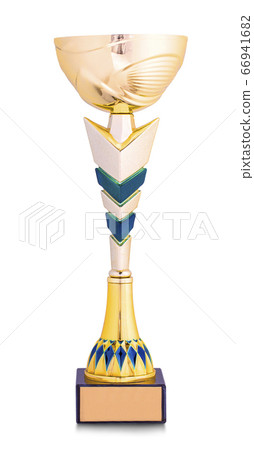 Golden trophy cup, empty plate. Isolated on white 66941682
