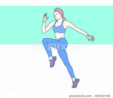 Full length illustration of a young female in sportswear jumping. Hand drawn in thin line style, vector illustrations. Full length illustration of a young female in sportswear jumping. Hand drawn in thin line style, vector illustrations. 66942448