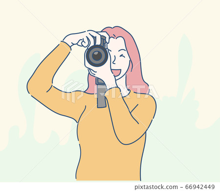 Young woman taking a photo with a camera. Hand drawn in thin line style, vector illustrations. Young woman taking a photo with a camera. Hand drawn in thin line style, vector illustrations. 66942449