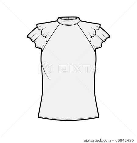 Blouse technical fashion illustration with high neckline banded collar, fluttery ruffles short sleeves, loose body. Blouse technical fashion illustration with high neckline banded collar, fluttery ruffles short sleeves, loose body. 66942450