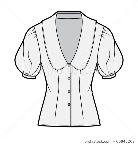 Blouse technical fashion illustration with collar framing the plunging V neck, oversized medium puffed sleeves, fitted 66943202