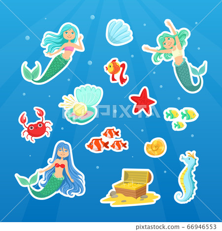 Marine Life Cute Stickers Collection, Cute Little Mermaids and Aquatic Nature Patches Vector Illustration Marine Life Cute Stickers Collection, Cute Little Mermaids and Aquatic Nature Patches Vector Illustration 66946553