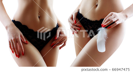 Collage of woman body in black lace panties. Collage of woman body in black lace panties. 66947475