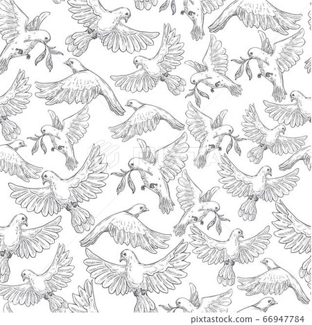 Flying pigeons carrying branches colorless seamless pattern vector Flying pigeons carrying branches colorless seamless pattern vector 66947784