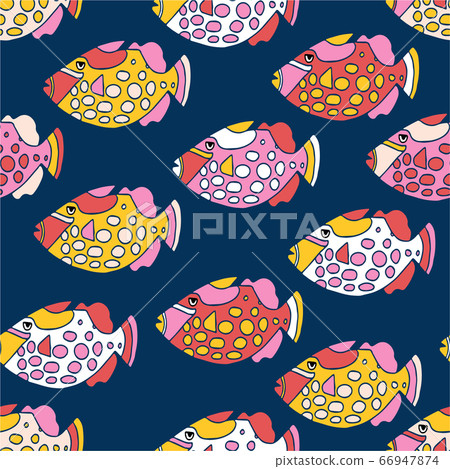 Fishes seamless vector pattern. Colorful ocean animal background for kids. Pink red white yellow Fishes seamless vector pattern. Colorful ocean animal background for kids. Pink red white yellow 66947874