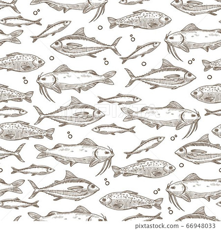 Fish floating in water, seafood raw marine creature seamless pattern 66948033