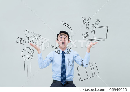Fun work life balance concept portrait of frustrated young Asian businessman 66949623