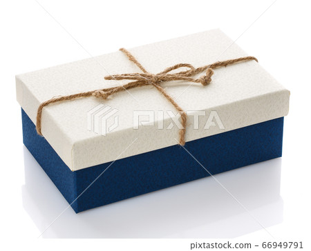 Cardboard box on a white background. Gift box with sacking ribbon. 66949791