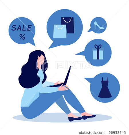 Young woman siiting with laptop and purchasing online, do shopping via internet. Blogger makes reviews on purchases. Concept of e-commerce, online shopping. Flat vector illustration. Young woman siiting with laptop and purchasing online, do shopping via internet. Blogger makes reviews on purchases. Concept of e-commerce, online shopping. Flat vector illustration. 66952343