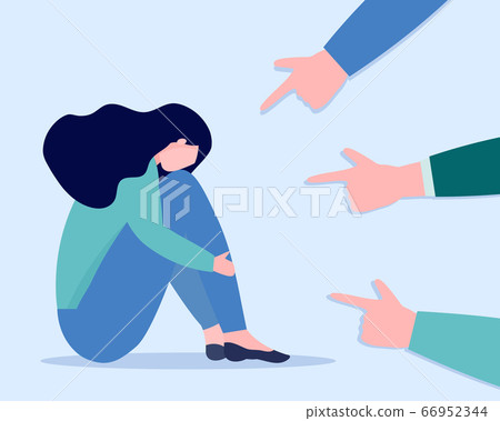 Sad woman with depression surrounded with pointed fingers. Concept of social bullying, conviction, denunciation, accusing. Vector flat illustration of victim. Sad woman with depression surrounded with pointed fingers. Concept of social bullying, conviction, denunciation, accusing. Vector flat illustration of victim. 66952344
