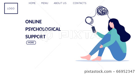 Woman with mental health problems have online psychotherapy session by using her smartphone. Concept of online emotional and psychological support. Vector flat illustration banner for landing page Woman with mental health problems have online psychotherapy session by using her smartphone. Concept of online emotional and psychological support. Vector flat illustration banner for landing page 66952347