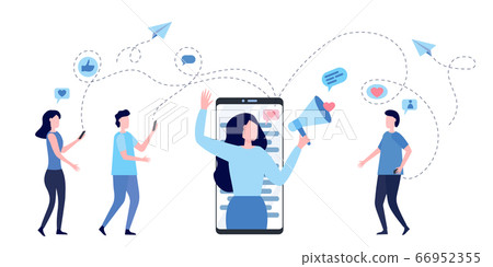 Woman with megaphone on a screen of smartphone. Blogger surrounded with her followers. Concept of influencer marketing, social media promotion services, SMM. Flat vector illustration. Woman with megaphone on a screen of smartphone. Blogger surrounded with her followers. Concept of influencer marketing, social media promotion services, SMM. Flat vector illustration. 66952355