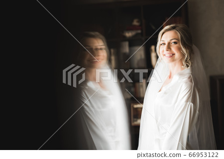 Beautiful bride wearing fashion wedding dress with feathers with luxury delight make-up and hairstyle, studio indoor photo shoot Beautiful bride wearing fashion wedding dress with feathers with luxury delight make-up and hairstyle, studio indoor photo shoot 66953122